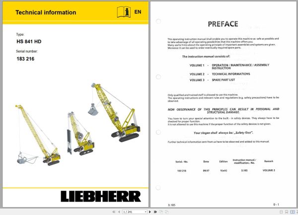 Liebherr Crawler Crane HS841 HD 183216 Technical Information Parts Manual Operating Manual 1997 EN DE