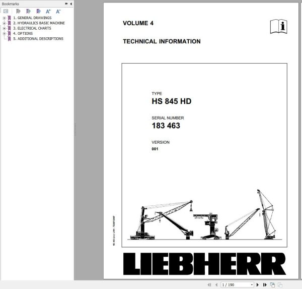 Liebherr Crawler Crane HS845 HD 183463 Technical Information Parts Manual Operating Manual 2007 EN DE