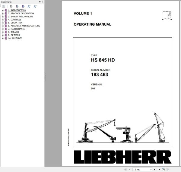 Liebherr Crawler Crane HS845 HD 183463 Technical Information Parts Manual Operating Manual 2007 EN DE 1