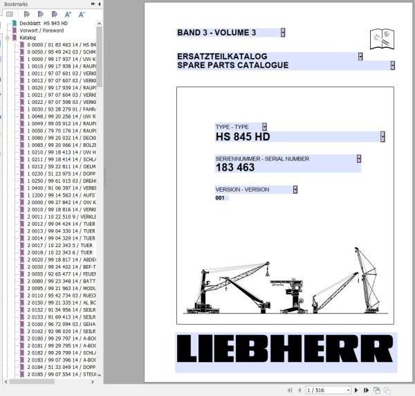 Liebherr Crawler Crane HS845 HD 183463 Technical Information Parts Manual Operating Manual 2007 EN DE 2