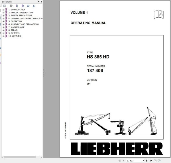 Liebherr Crawler Crane HS880 HD 187406 Technical Information Parts Manual Operating Manual 2008 EN DE 1