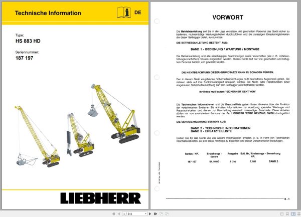 Liebherr Crawler Crane HS883 HD 187197 Technical Information Parts Manual Operating Manual 2000 EN DE 1