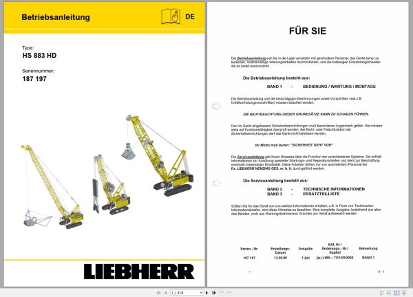 Liebherr Crawler Crane HS883 HD 187197 Technical Information Parts Manual Operating Manual 2000 EN DE 2