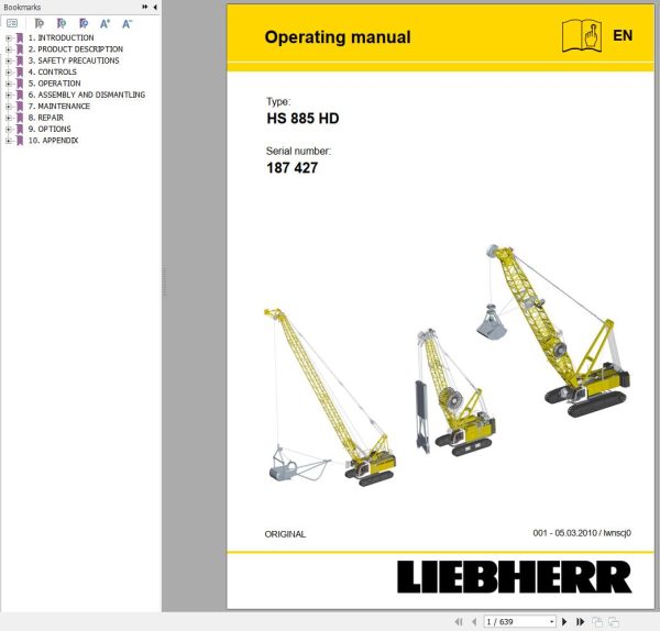 Liebherr Crawler Crane HS885 HD 187427 Technical Information Parts Manual Operating Manual 2010 EN DE