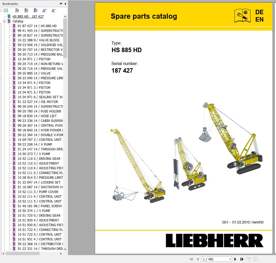 Liebherr Crawler Crane HS885 HD 187427 Technical Information Parts Manual Operating Manual 2010 EN DE 1
