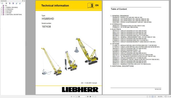 Liebherr Crawler Crane HS885 HD 187438 Technical Information Parts Manual Operating Manual 2009 EN DE