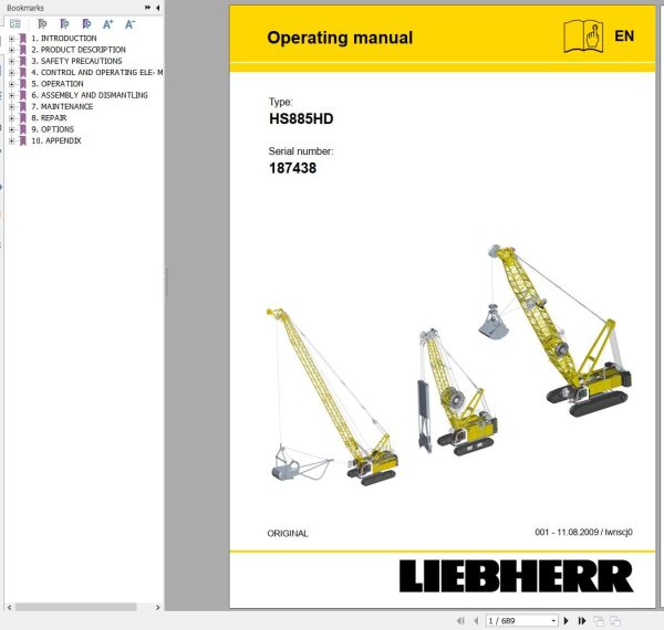 Liebherr Crawler Crane HS885 HD 187438 Technical Information Parts Manual Operating Manual 2009 EN DE 1