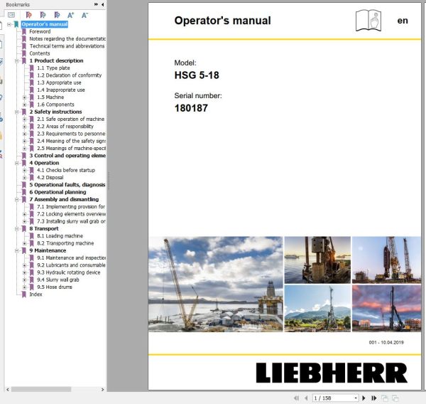 Liebherr Crawler Crane HSG 5 18 180187 Technical Information Parts Manual Operating Manual 2019