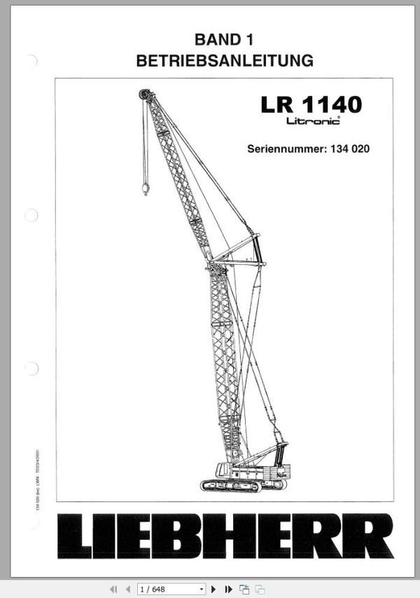 Liebherr Crawler Crane LR 1140 134020 Technical Information Parts Manual Operating Manual 2001 EN DE NL 1
