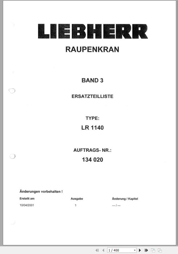 Liebherr Crawler Crane LR 1140 134020 Technical Information Parts Manual Operating Manual 2001 EN DE NL 2