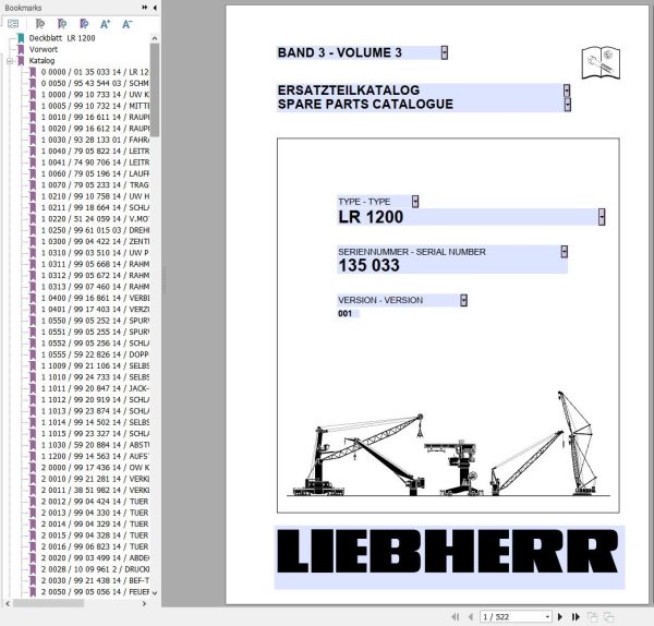 Liebherr Crawler Crane LR 1200 135033 Technical Information Parts Manual Operating Manual 2006 EN DE