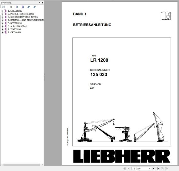 Liebherr Crawler Crane LR 1200 135033 Technical Information Parts Manual Operating Manual 2006 EN DE 2
