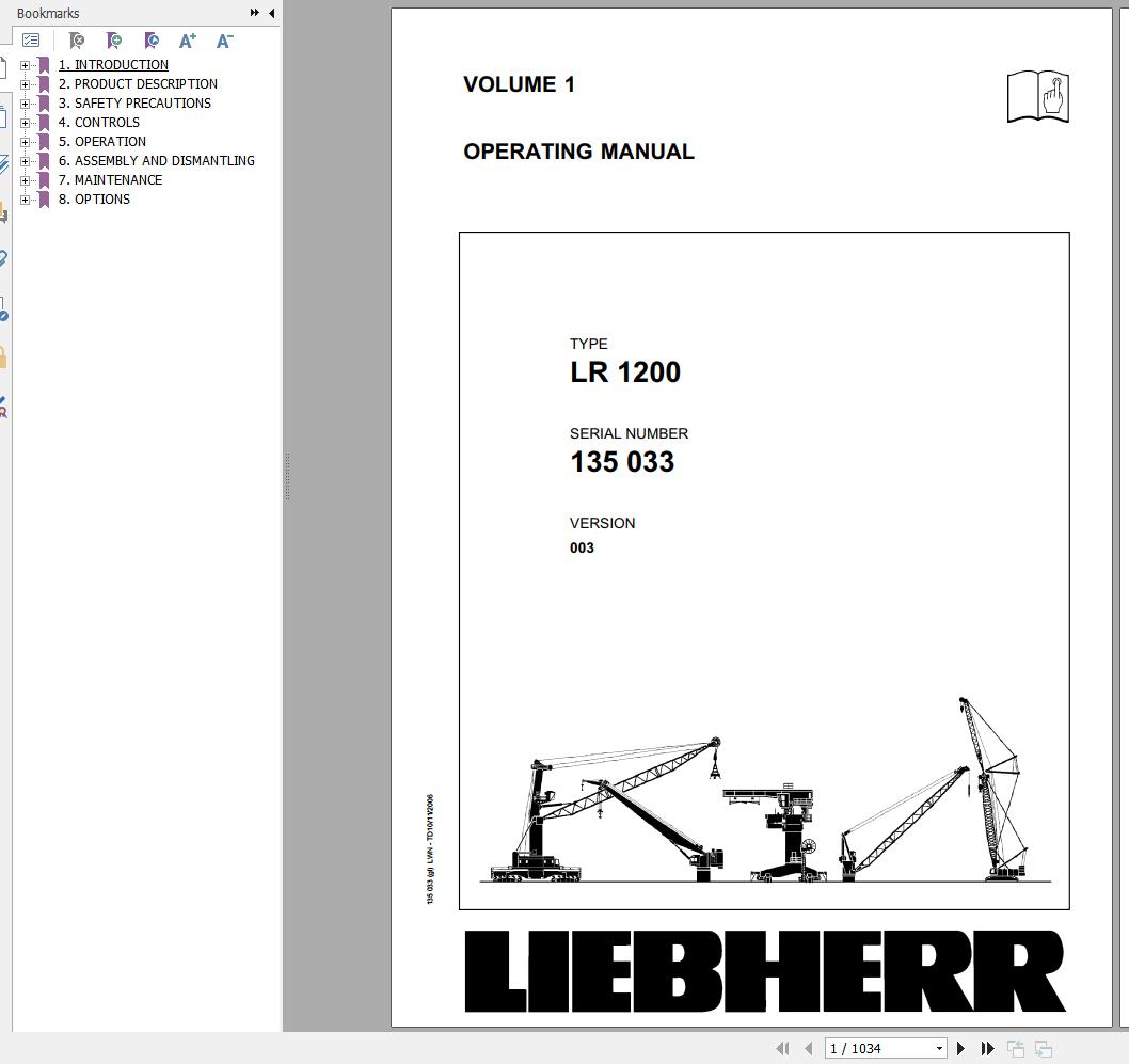 Liebherr Crawler Crane LR 1200 135033 Technical Information Parts Manual Operating Manual 2006 EN DE 3