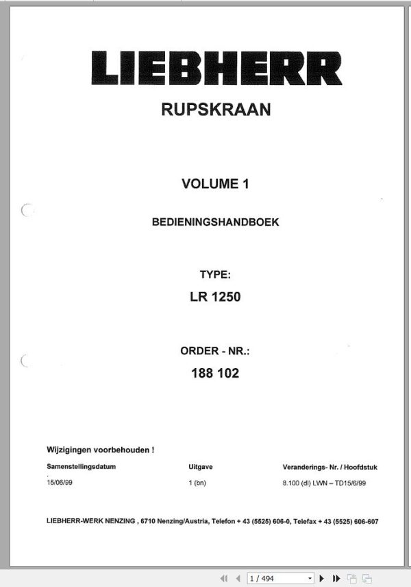Liebherr Crawler Crane LR 1250 188102 Technical Information Parts Manual Operating Manual 2011 EN DE NL