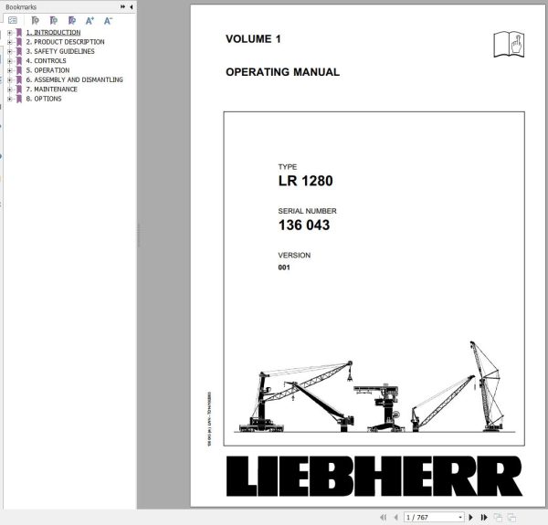 Liebherr Crawler Crane LR 1280 136043 Technical Information Parts Manual Operating Manual 2003 EN DE
