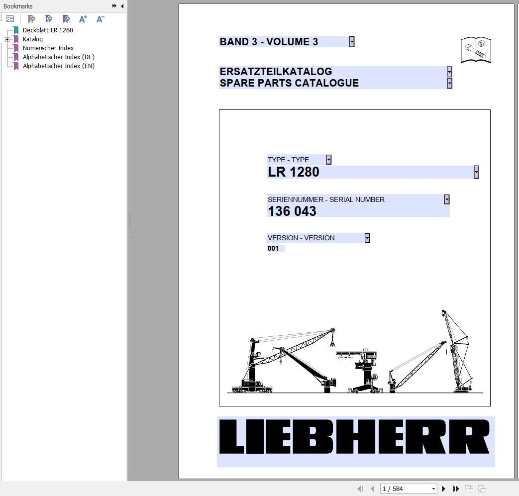 Liebherr Crawler Crane LR 1280 136043 Technical Information Parts Manual Operating Manual 2003 EN DE 2