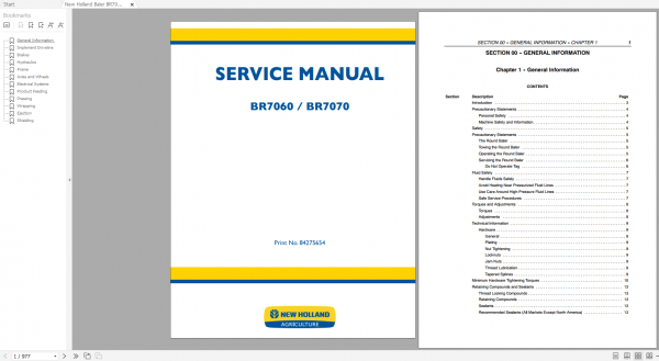 New Holland Baler BR7060 BR7070 Service Manual 84275654 EN 1