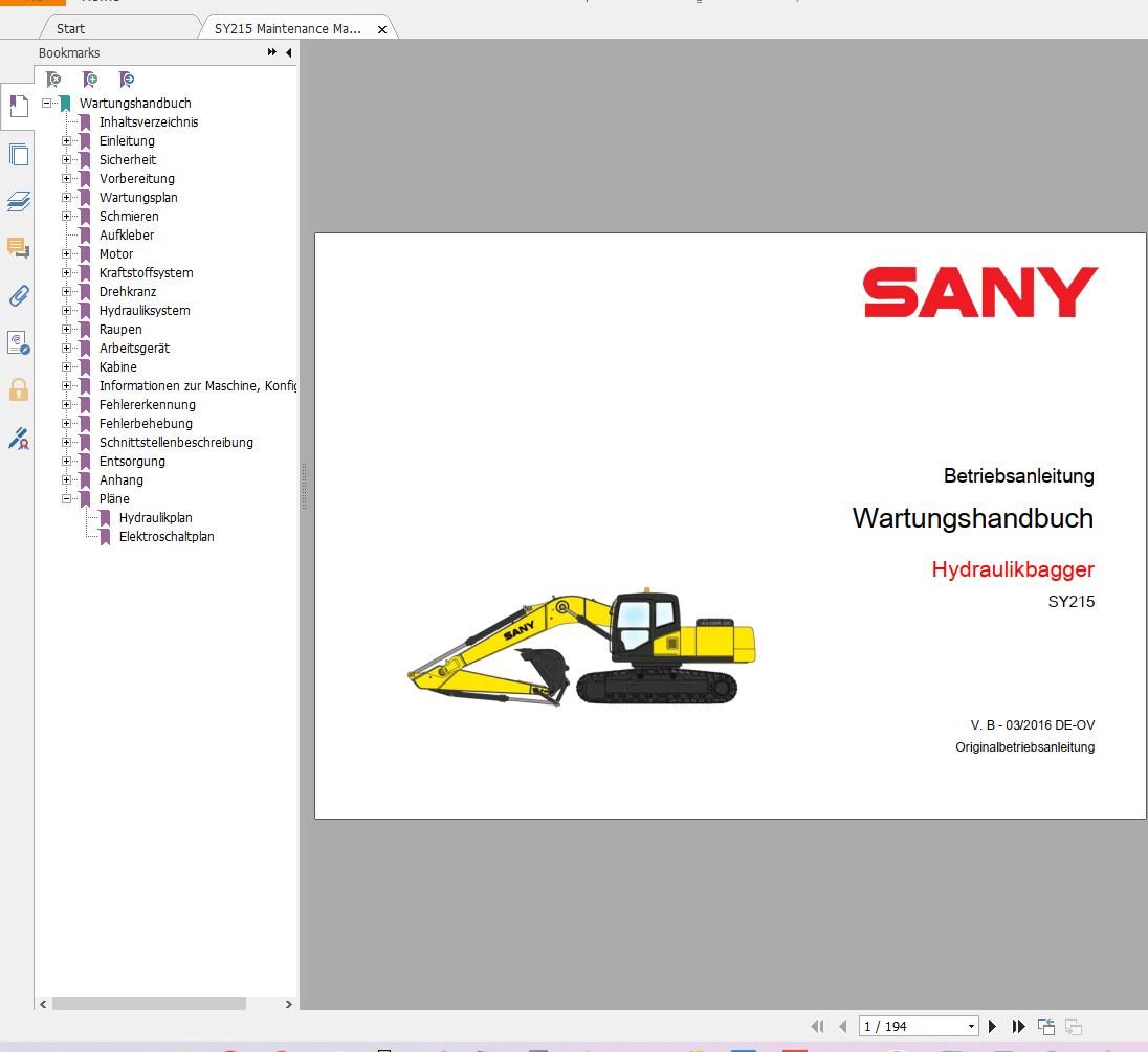 Sany Machinery Spare Parts List Shop Manual Diagram