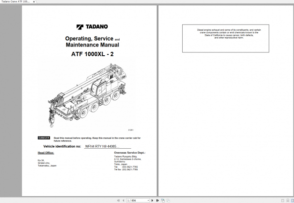 Tadano All Terrain Crane ATF 1000XL 2 Parts Catalog Operating Service Maintenance Manual 1