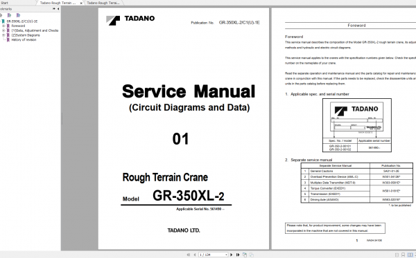 Tadano Rough Terrain Crane GR 350XL 2 Parts Catalog Service Manual Circuit Diagram Data 0