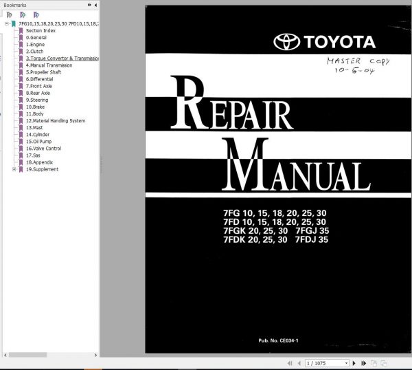 Toyota Forklift 7FG 7FD 7FGK 7FGJ 7FDK 7FDJ Repair Manual CE034 1 1