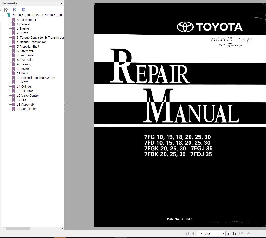 Toyota Forklift 7FG 7FD 7FGK 7FGJ 7FDK 7FDJ Repair Manual CE034 1 1