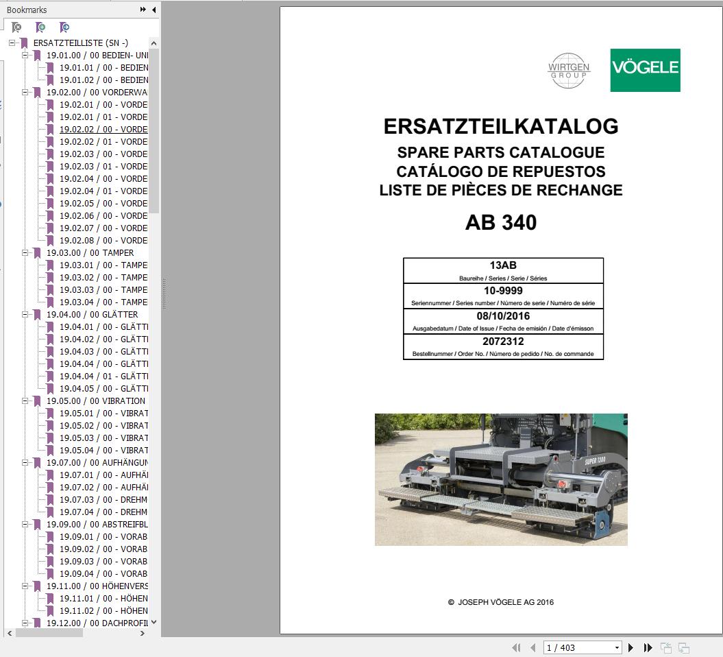 Vogele Extending Screed AB 340 Spare Parts Catalog EN DE ES FR 1