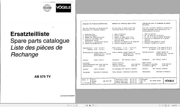 Vogele Extending Screed AB 575 TV Spare Parts Catalog EN DE FR 1