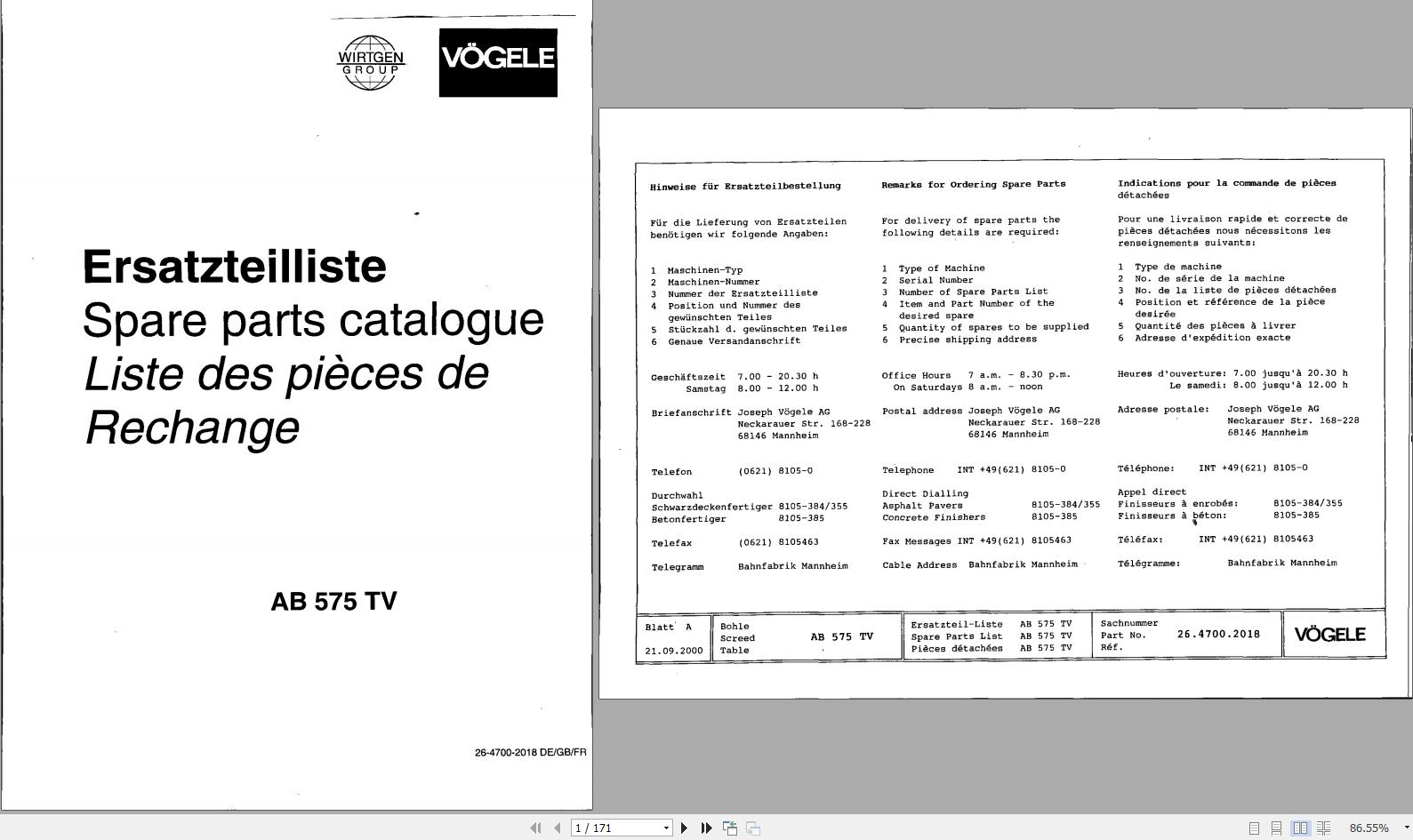 Vogele Extending Screed AB 575 TV Spare Parts Catalog EN DE FR 1