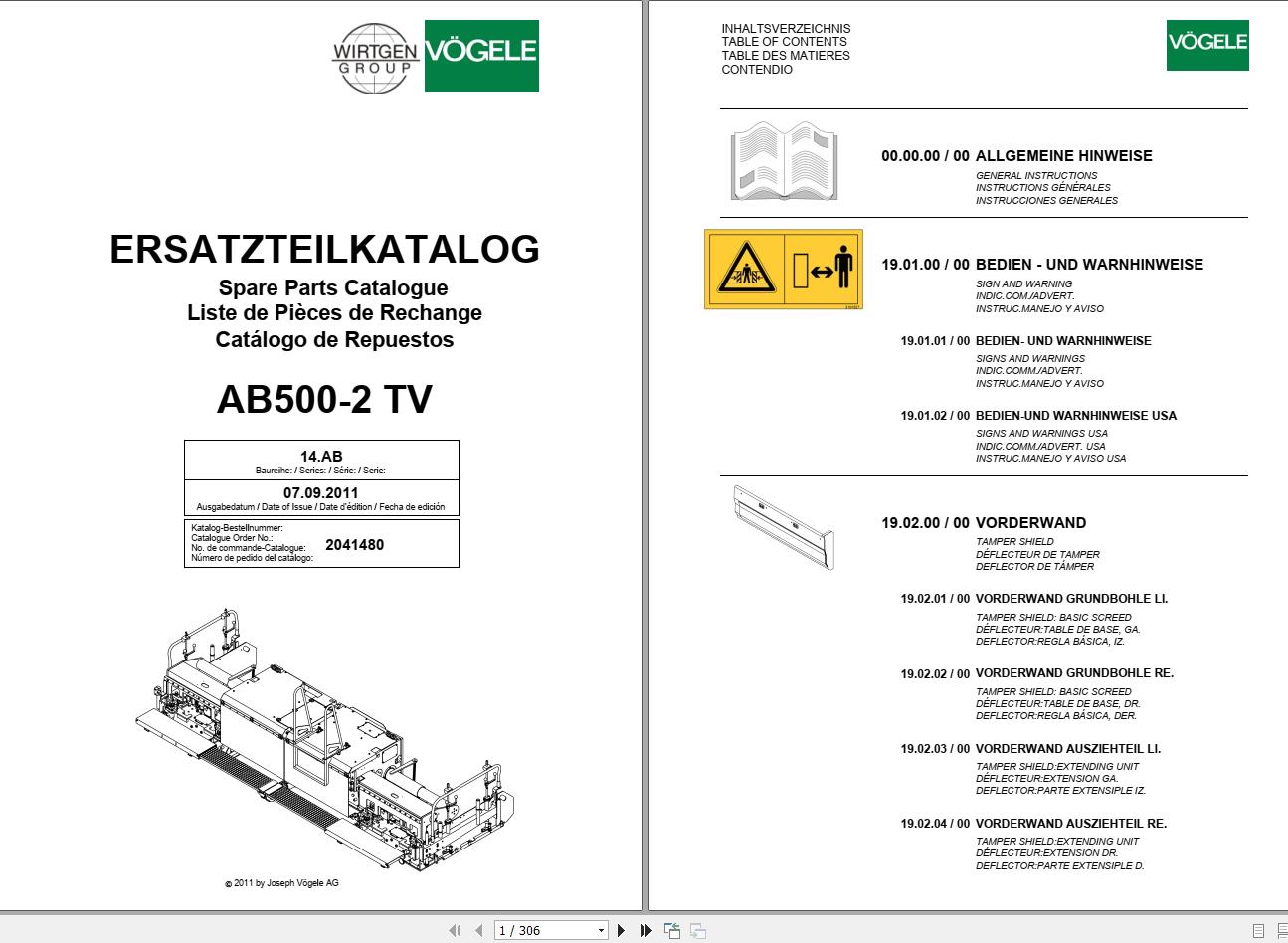 Vogele Extending Screed AB500 2 TV Spare Parts Catalog EN DE ES FR 1