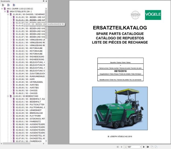 Vogele Road Pavers Super 1103 2 1303 2 Spare Parts Catalog EN DE ES FR 1
