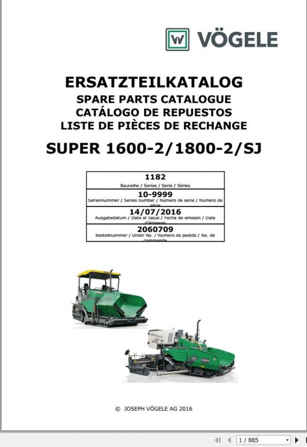 Vogele Road Pavers Super 1600 2 1800 2 SJ Spare Parts Catalog EN DE ES FR 2016 1