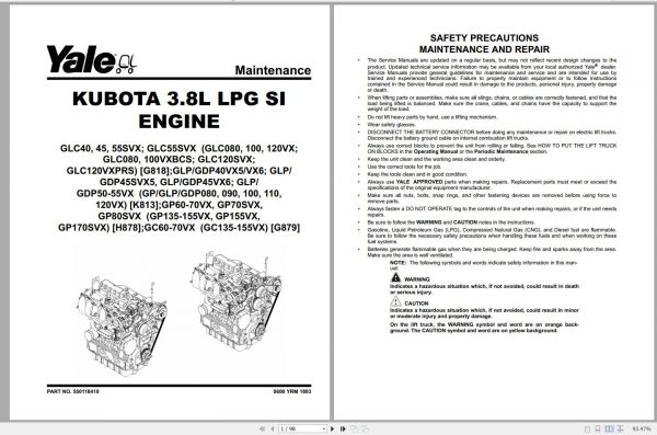 Yale Forklift Class 4 G879 GC135VX GC155VX Service Manual 01.2022