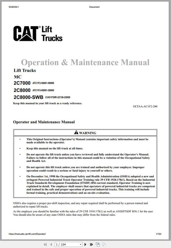 CAT Forklift 2C7000 Service Operation Maintenance Manual