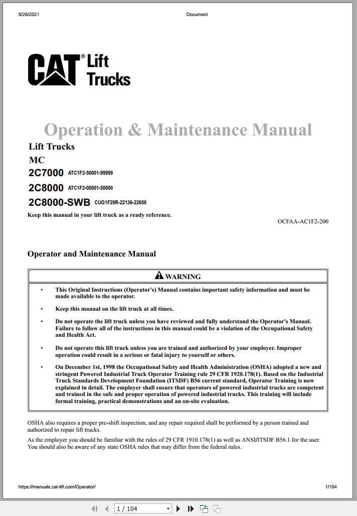 CAT Forklift 2C7000 Service Operation Maintenance Manual