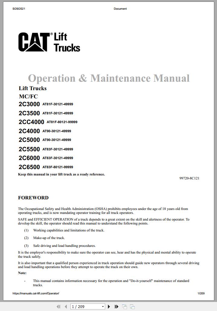 CAT Forklift 2CC4000 Schematic Service Operation Maintenance Manual