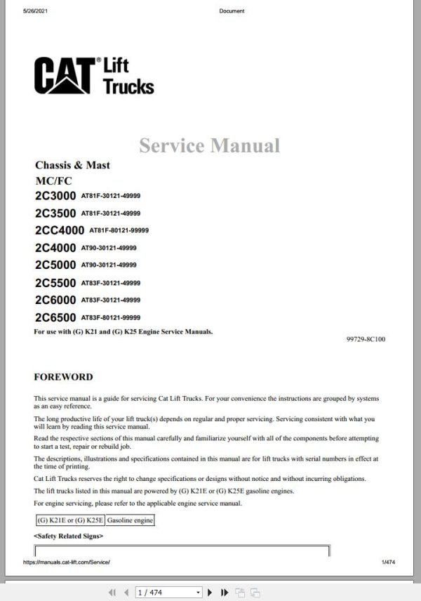 CAT Forklift 2CC4000 Schematic Service Operation Maintenance Manual 1