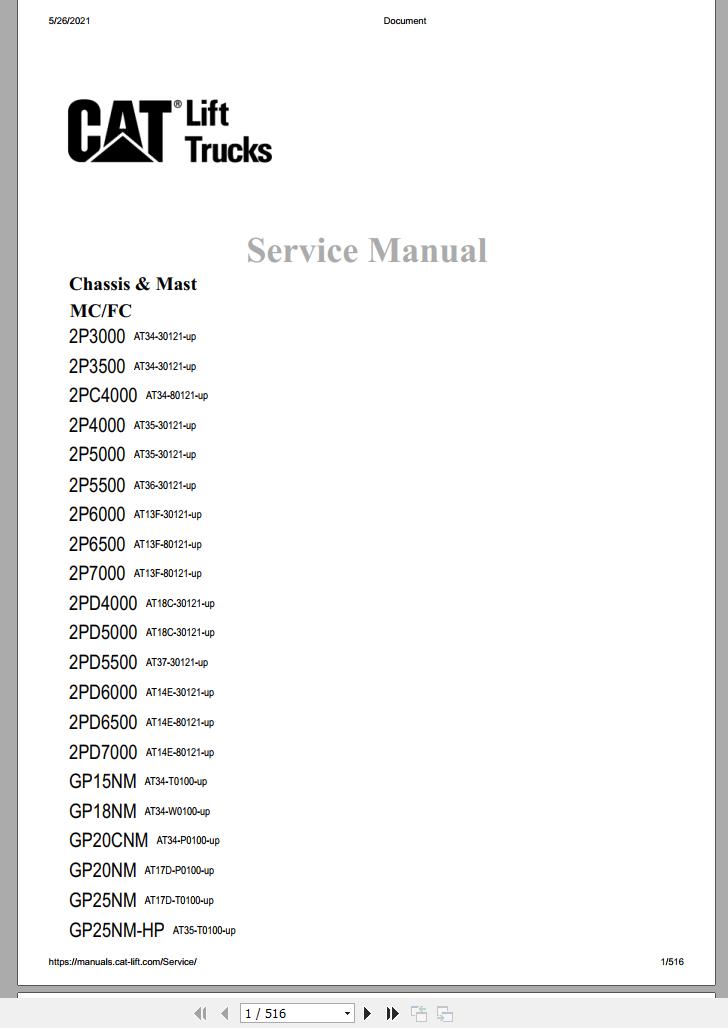 CAT Forklift 2P3000 Schematic Service Operation Maintenance Manual