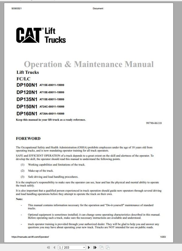 CAT Forklift DP100N1 Schematic Service Operation Maintenance Manual 1