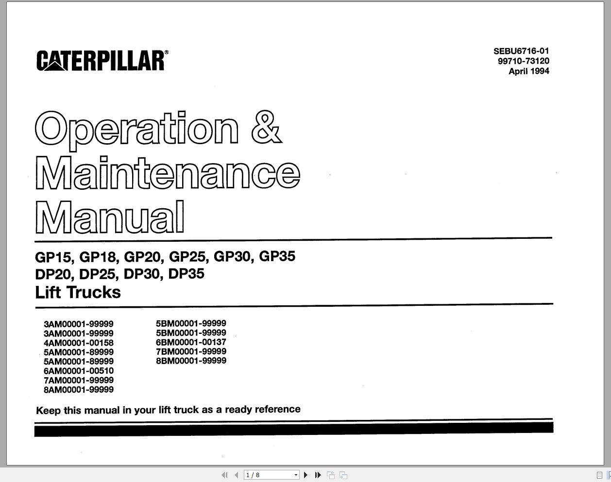 CAT Forklift DP30 Service Operation Maintenance Manual