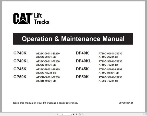CAT Forklift DP40K Schematic Service Operation Maintenance Manual