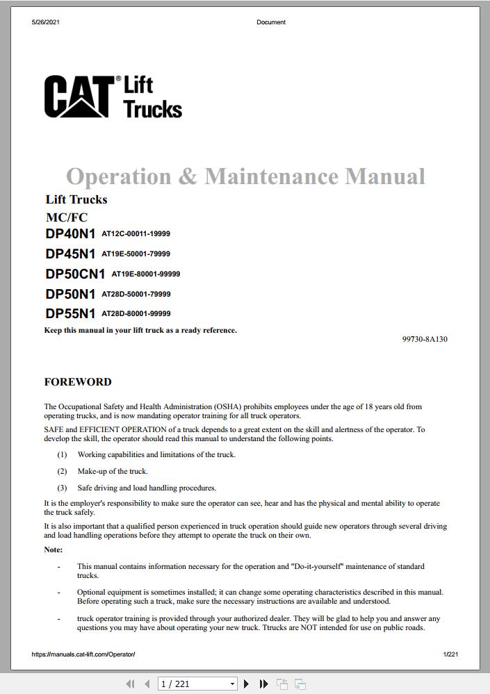 CAT Forklift DP40N1 Schematic Service Operation Maintenance Manual