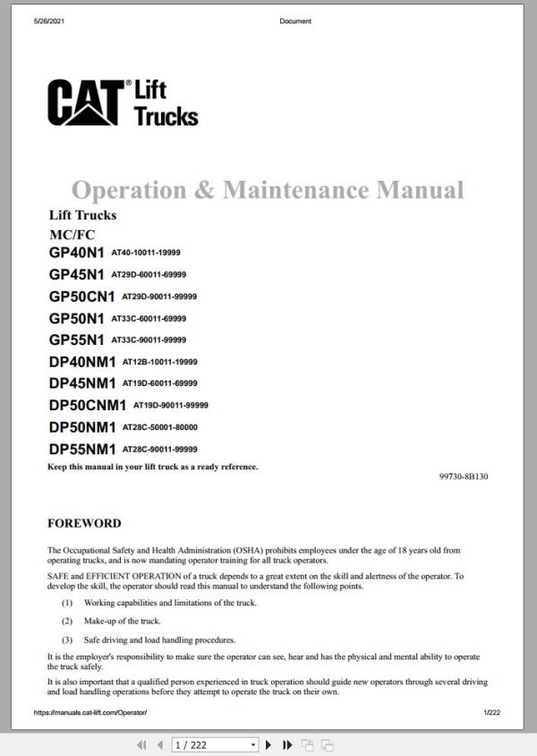CAT Forklift DP40NM1 Schematic Service Operation Maintenance Manual