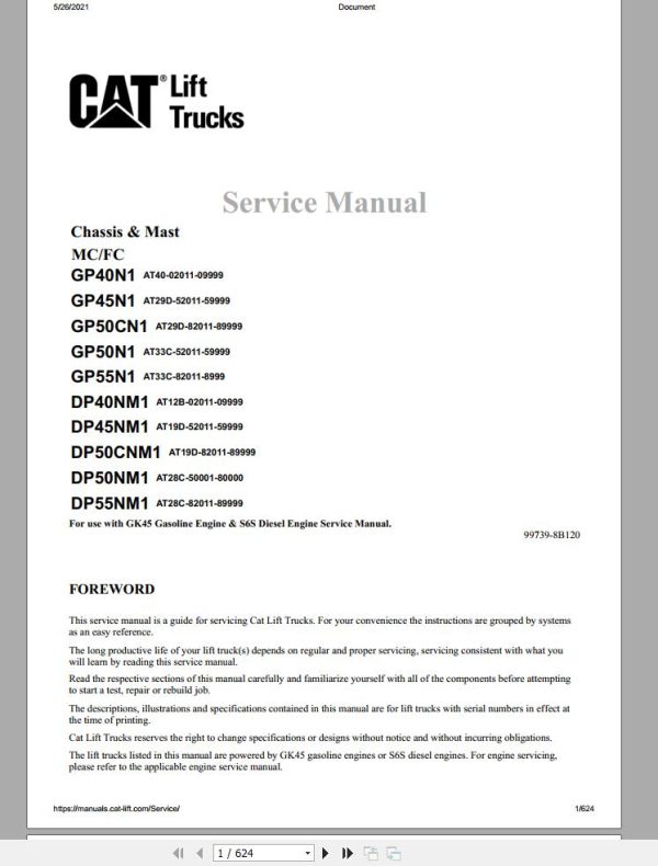 CAT Forklift DP40NM1 Schematic Service Operation Maintenance Manual 1
