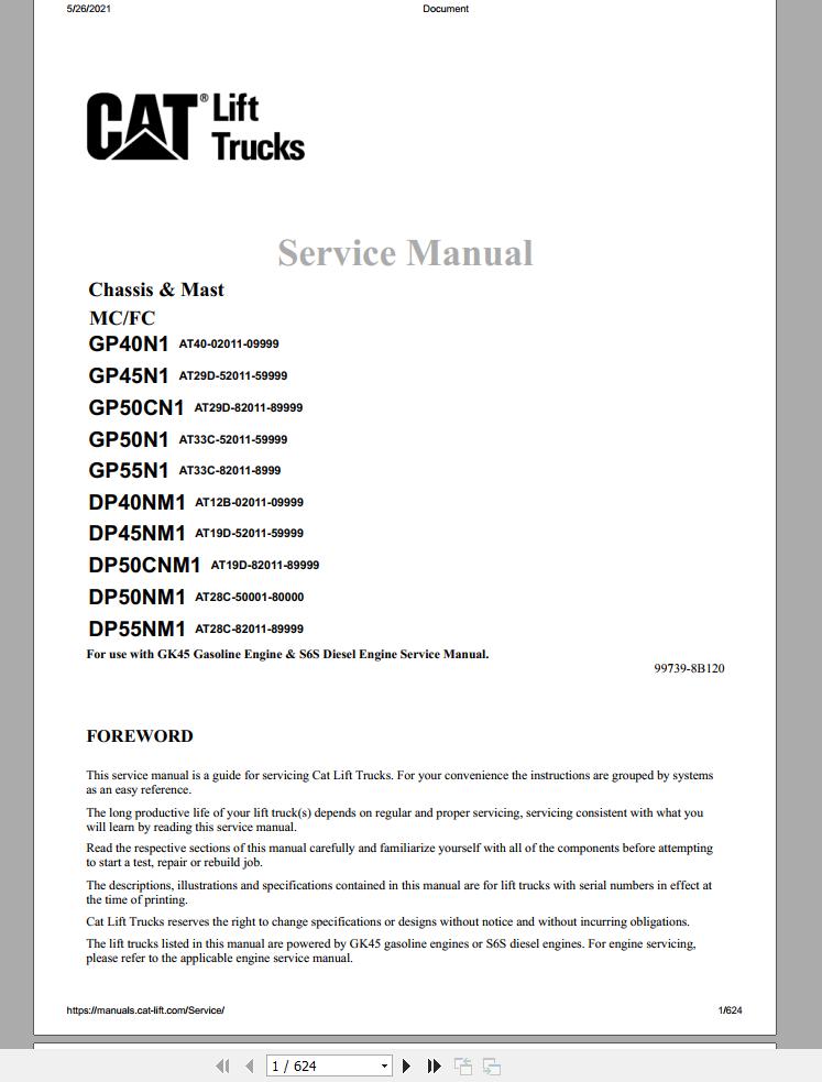 CAT Forklift DP40NM1 Schematic Service Operation Maintenance Manual 1