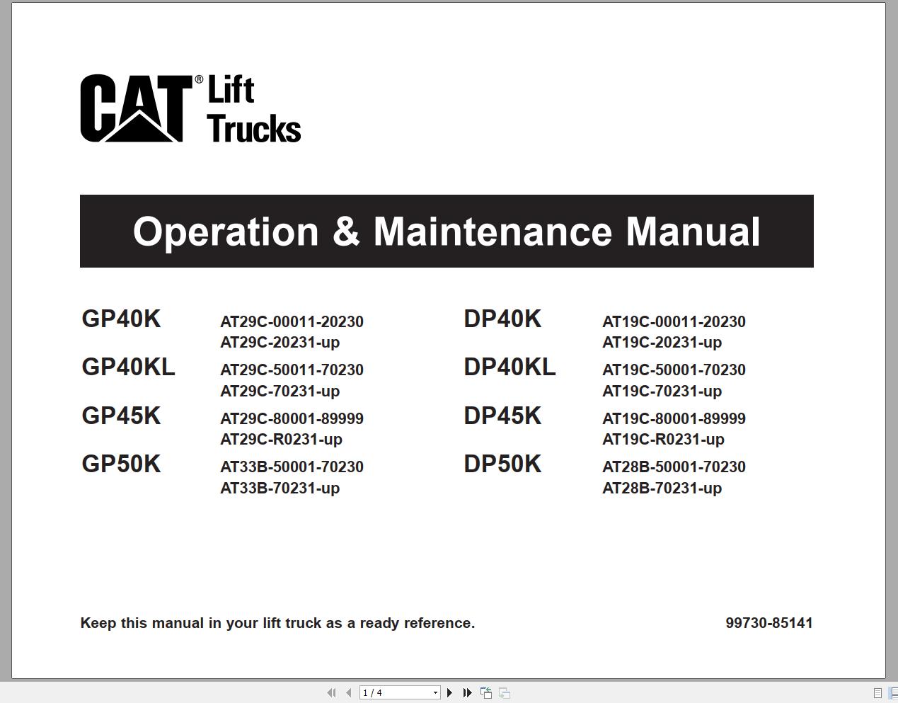 CAT Forklift DP45K Schematic Service Operation Maintenance Manual
