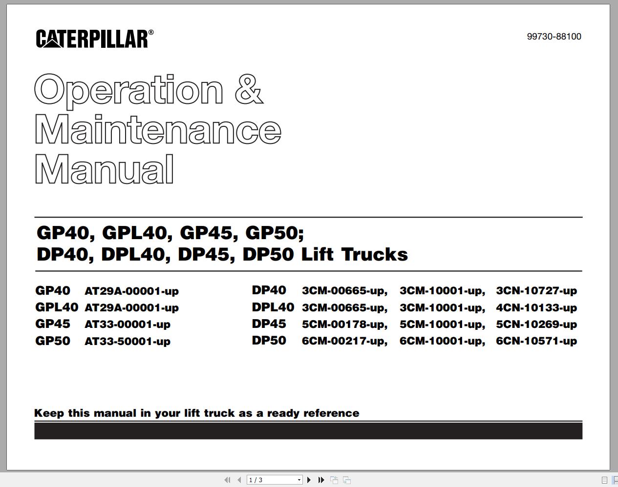 CAT Forklift DP50 Service Operation Maintenance Manual
