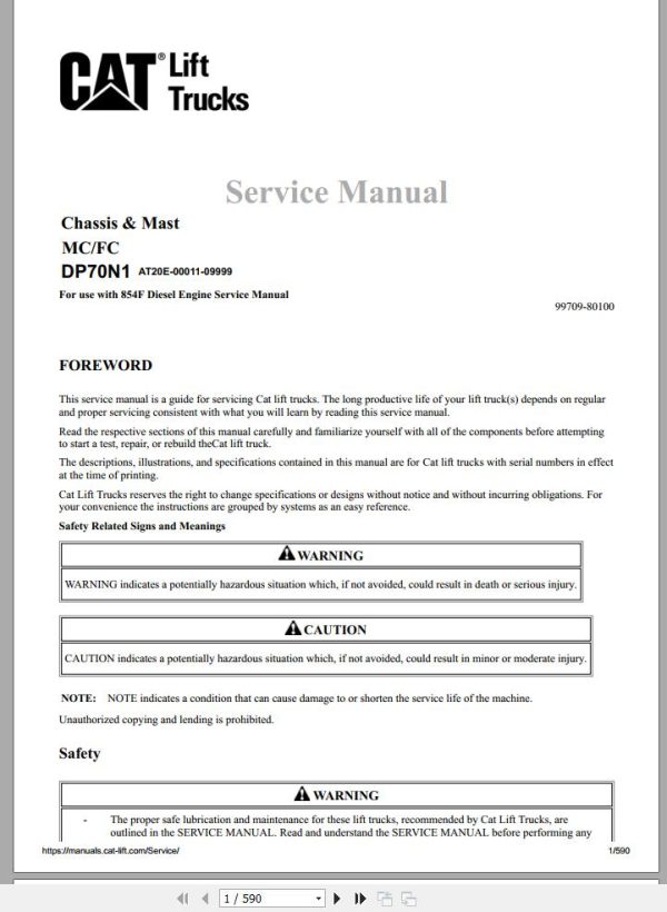 CAT Forklift DP70N1 Schematic Service Operation Maintenance Manual 2