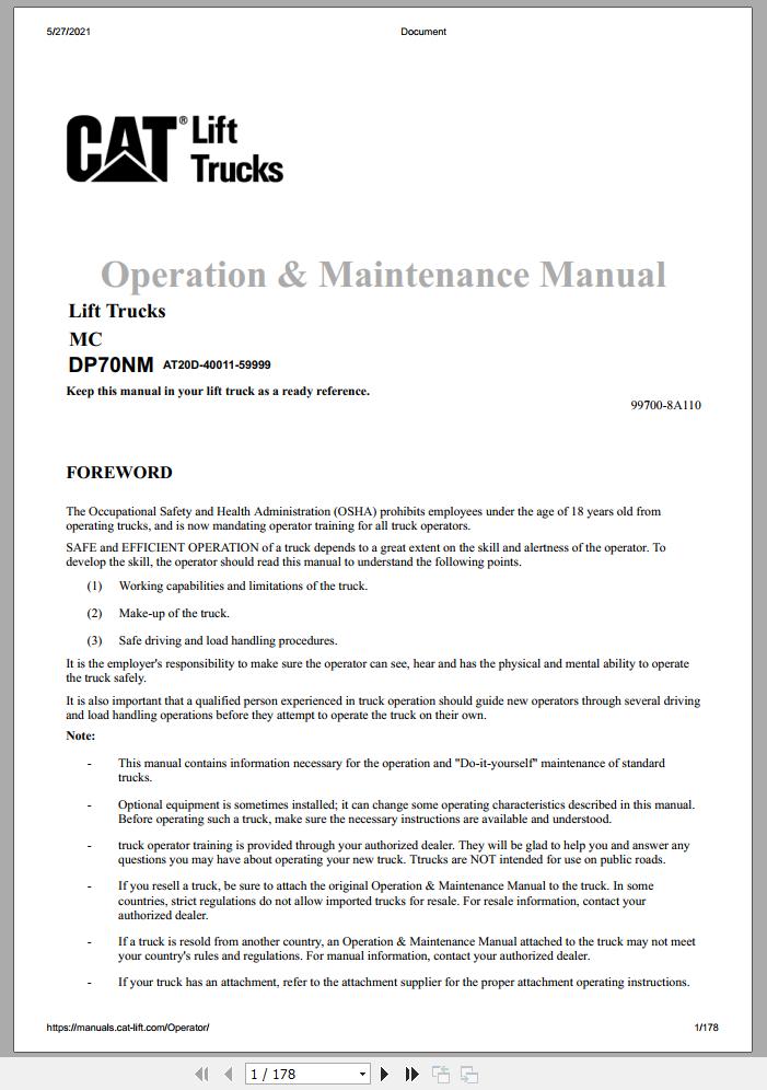 CAT Forklift DP70NM Service Operation Maintenance Manual full