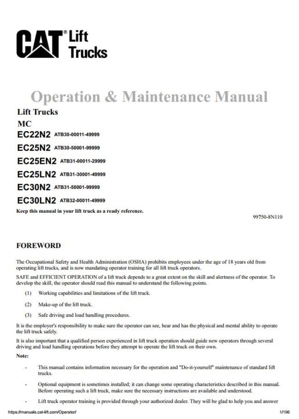 CAT Forklift EC22N2 Schematic Service Operation Maintenance Manual